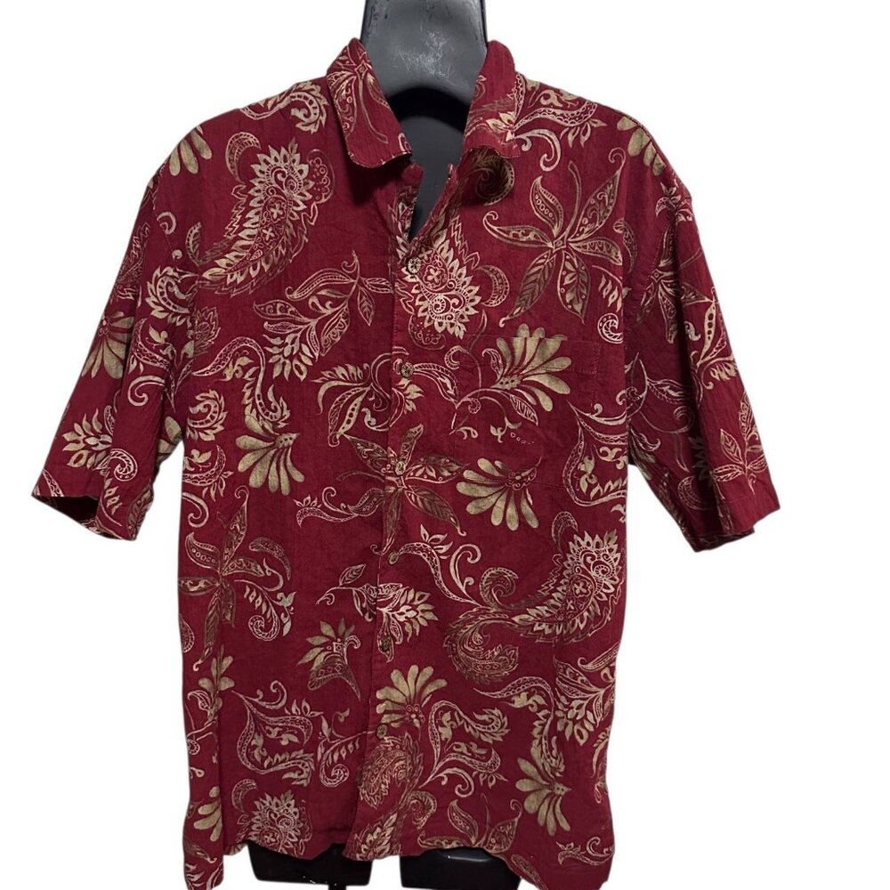 Caribbean Men’s Large Maroon Leaf Print Short Sleeve Shirt 2000s Cotton Blend